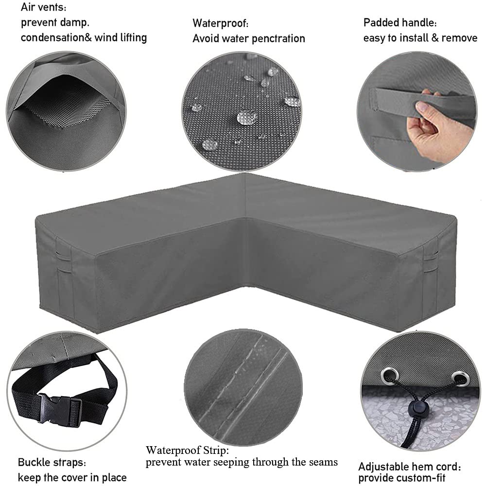 Skyour Patio Furniture Sectional Couch Sofa Cover Gray Weatherproof Heavy Duty 420D Oxford Outdoor V Shaped Sectional Garden Rattan Corner Sofa Furniture Protector Covers (V-Shape: 84x84in)