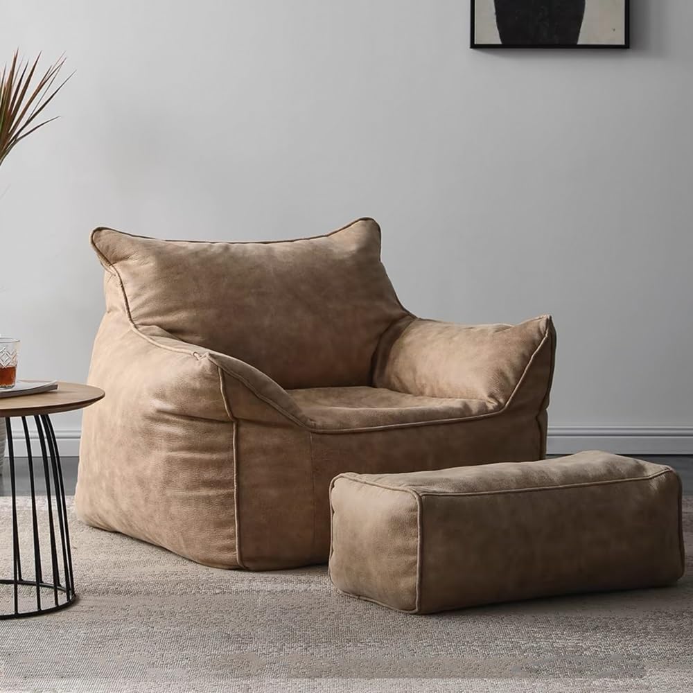 SXBCyan Bean Bag Chair Bean Bag Cover （No Filler） Luxury Single Lazy Sofa Cover PU Faux Suede Leather Bean Bag Pouf Chair for Bedroom Living Room Garden, Bean Bag Cover (Color : Retro Beige)