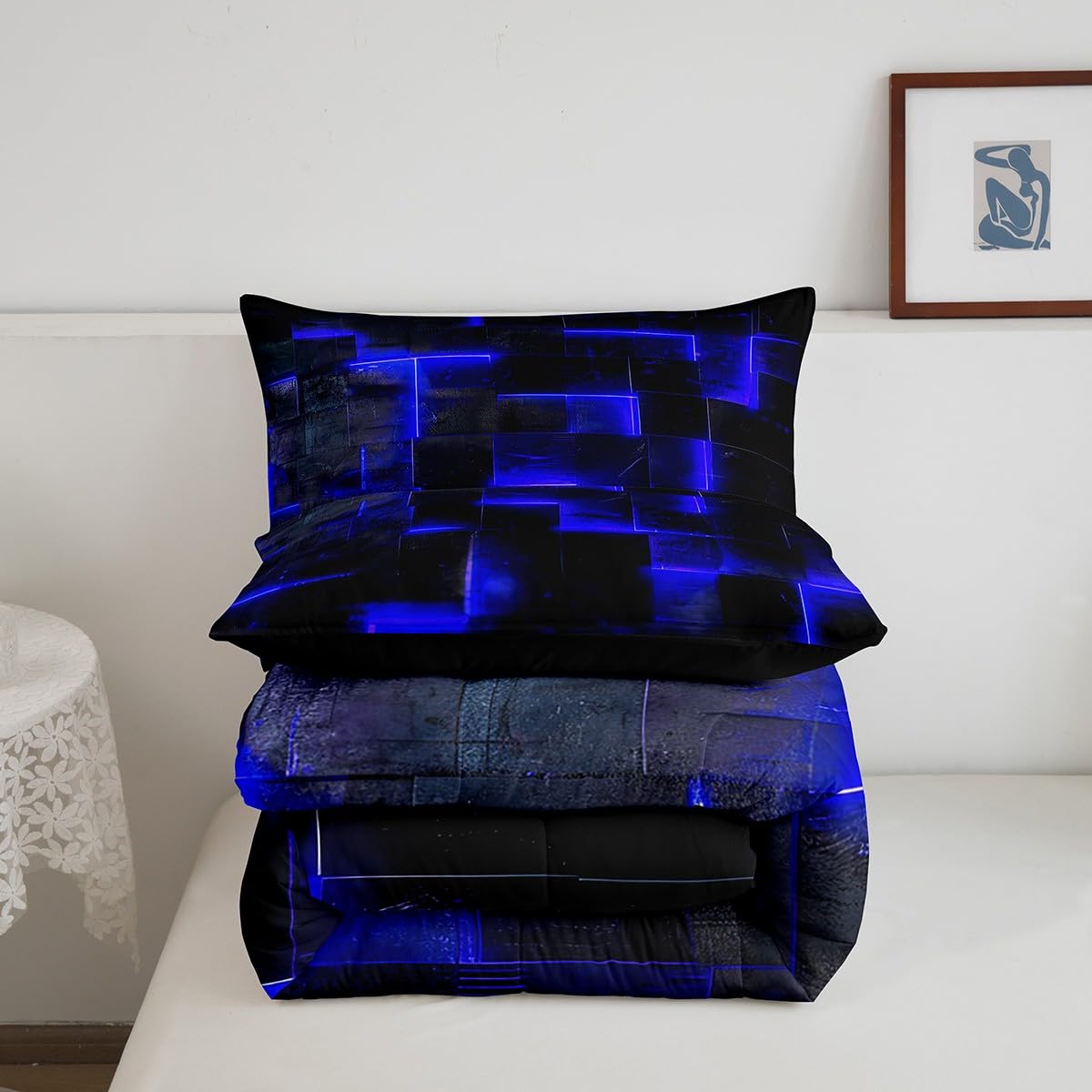 Navy Blue Black Bedding Twin 3D Glowing Buffalo Twin Comforter Set Modern Abstract Art Bedding Comforter Sets Geometric Plaid Duvet Insert, Gradient Futuristic Cubes Down Comforter (Black Reversible)