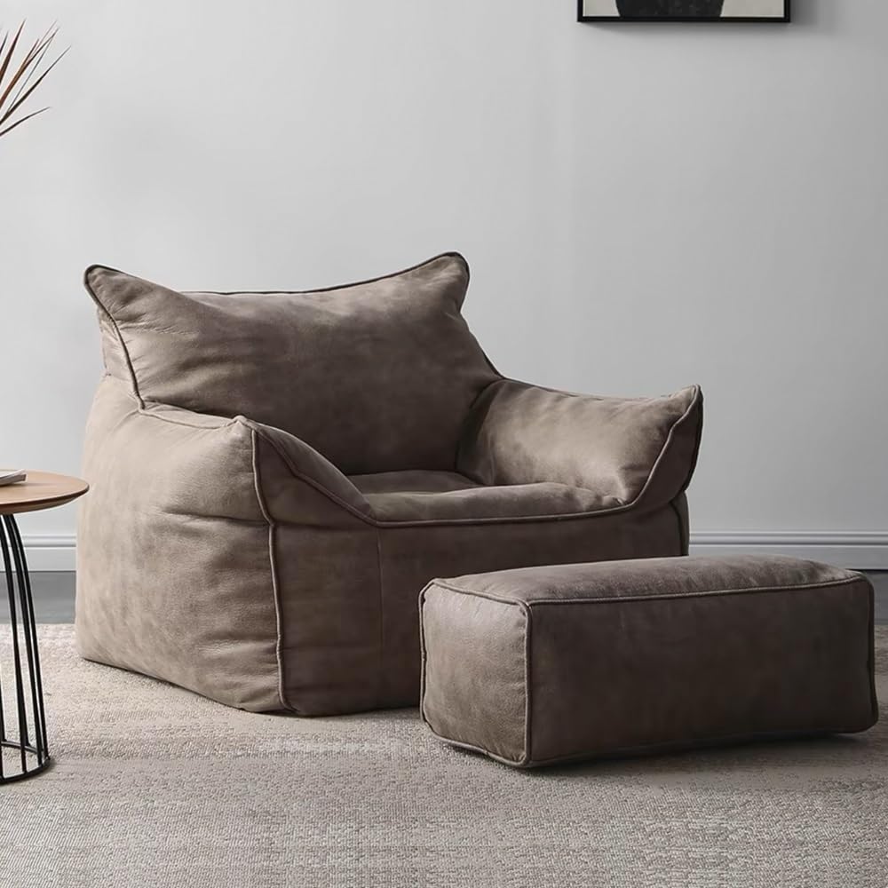 Bean Bag Chair Bean Bag Cover （No Filler） Luxury Single Lazy Sofa Cover PU Faux Suede Leather Bean Bag Pouf Chair for Bedroom Living Room Garden, Bean Bag Cover (Color : Retro Grey)