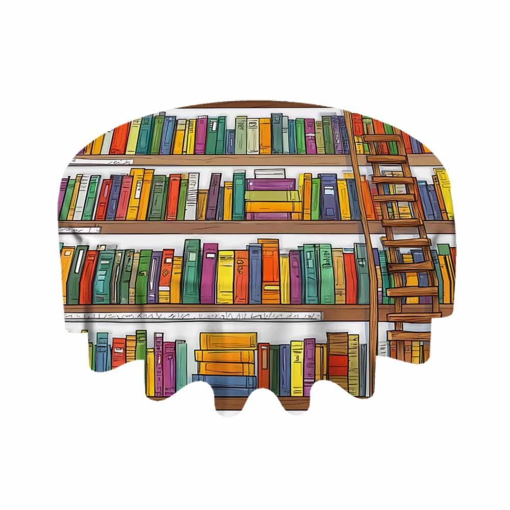 AnBuPan Bookshelf with So Many Books Round Tablecloths 60 Inch Library Bookshelves Books and Ladder Clear Table Cover Protector Fitted Home Kitchen Dinner Outdoor Picnic Party Decorations