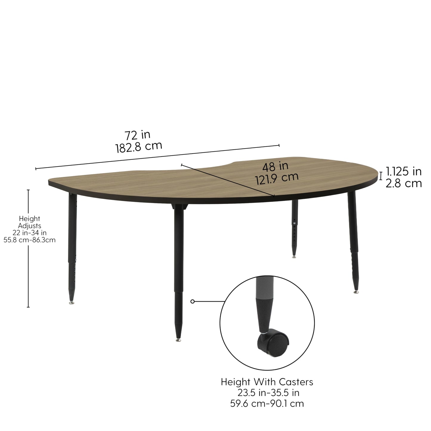 Adapte Commercial Classroom Activity Table - 48" x 72" Kidney, ADA Compliant Tapered Legs with Glides & Casters, Adjustable Height 22-34" Wheelchair Accessible, School & Office Furniture