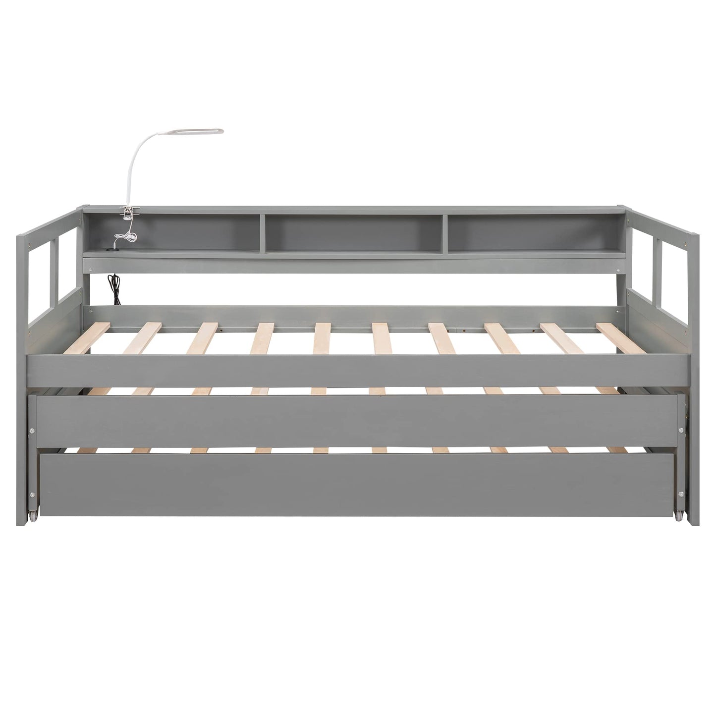 Harper & Bright Designs Twin XL Wood Daybed with 2 Twin Size Trundles, 3 Storage Cubbies, 1 Light for Free and USB Charging Design, No Box Spring Needed - Gray