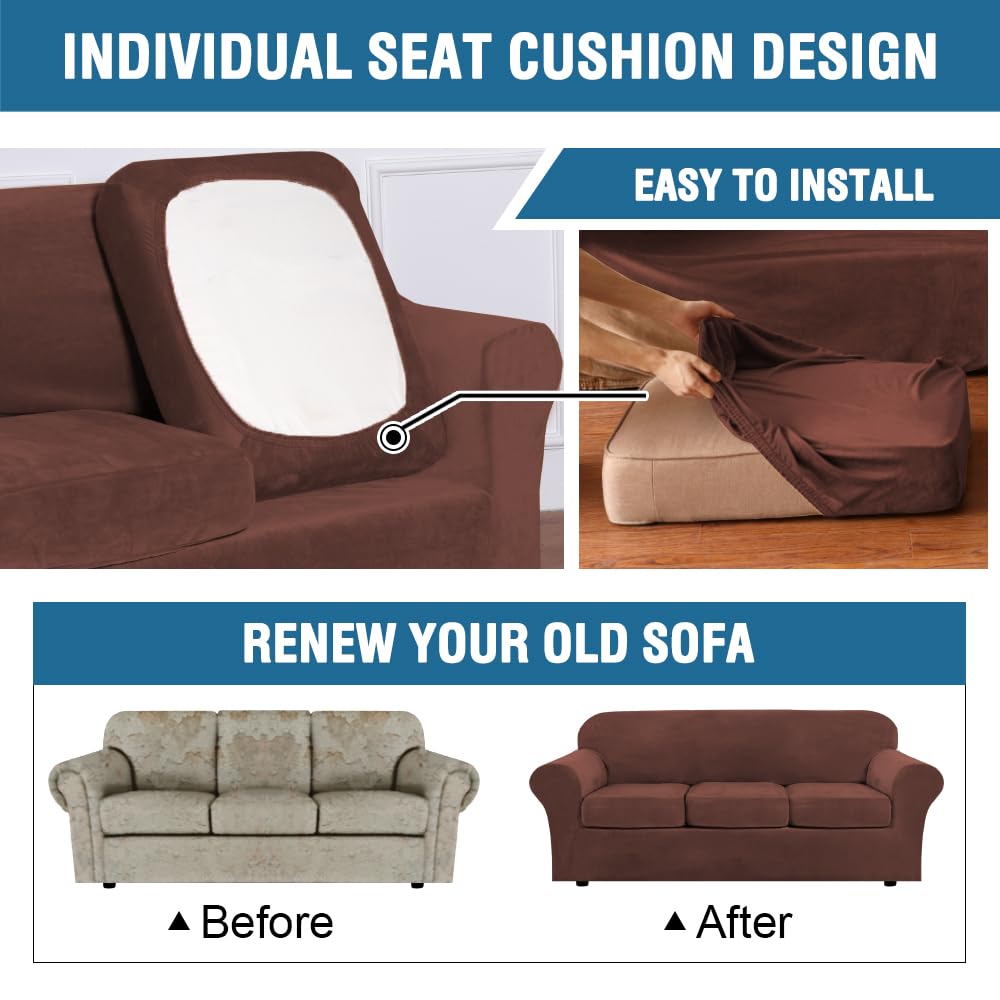 H.VERSAILTEX Real Velvet Plush 3 Piece Stretch Sofa Covers Couch Covers for 2 Cushion Couch Loveseat Covers Width Up to 72 Inch Feature Thick Soft Stay in Place (Medium Sofa, Burnt Brick)
