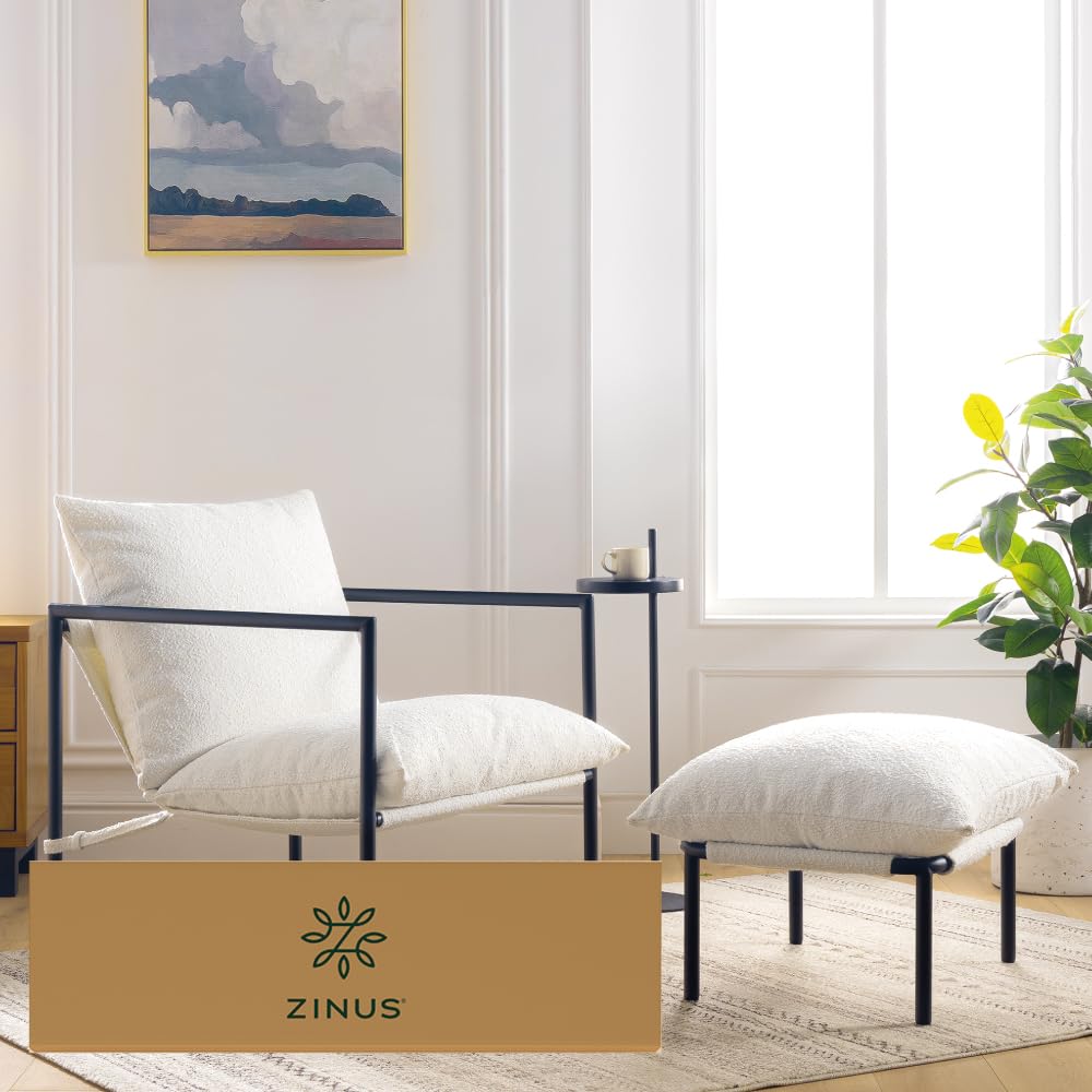 Zinus Aidan Decorative Sling Chair, Metal Frame Armchair with Shredded Foam Cushions, Easy Tool-Free Assembly, Chair in a Box, White