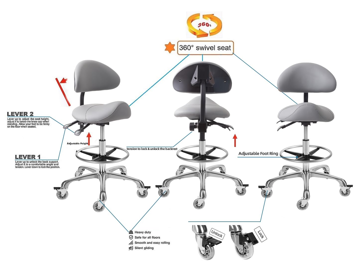 Saddle Stool Chair with Backrest and Footrest- Ergonomic Rolling Saddle Stools Hydraulic Swivel Adjustable Stool Esthetician Chair for Massage Beauty Salon Tattoo Dentist Clinic Home Office (Grey)