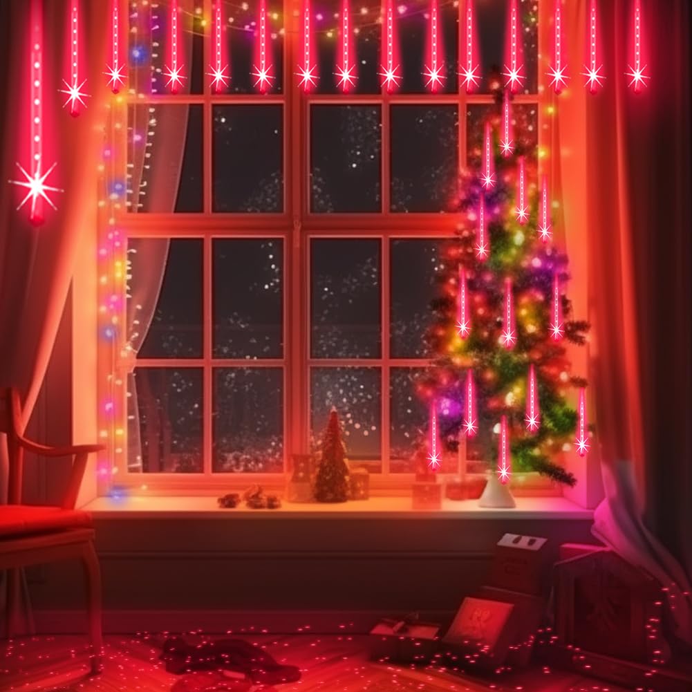 Aukora Red Led Halloween Lights Outdoor, Christmas Lights Outside, 8 Tube Snow Falling Rain Icicle String Light for Xmas Tree Party Thanksgiving Day Garden Camp Wedding Decorations, UL Plug