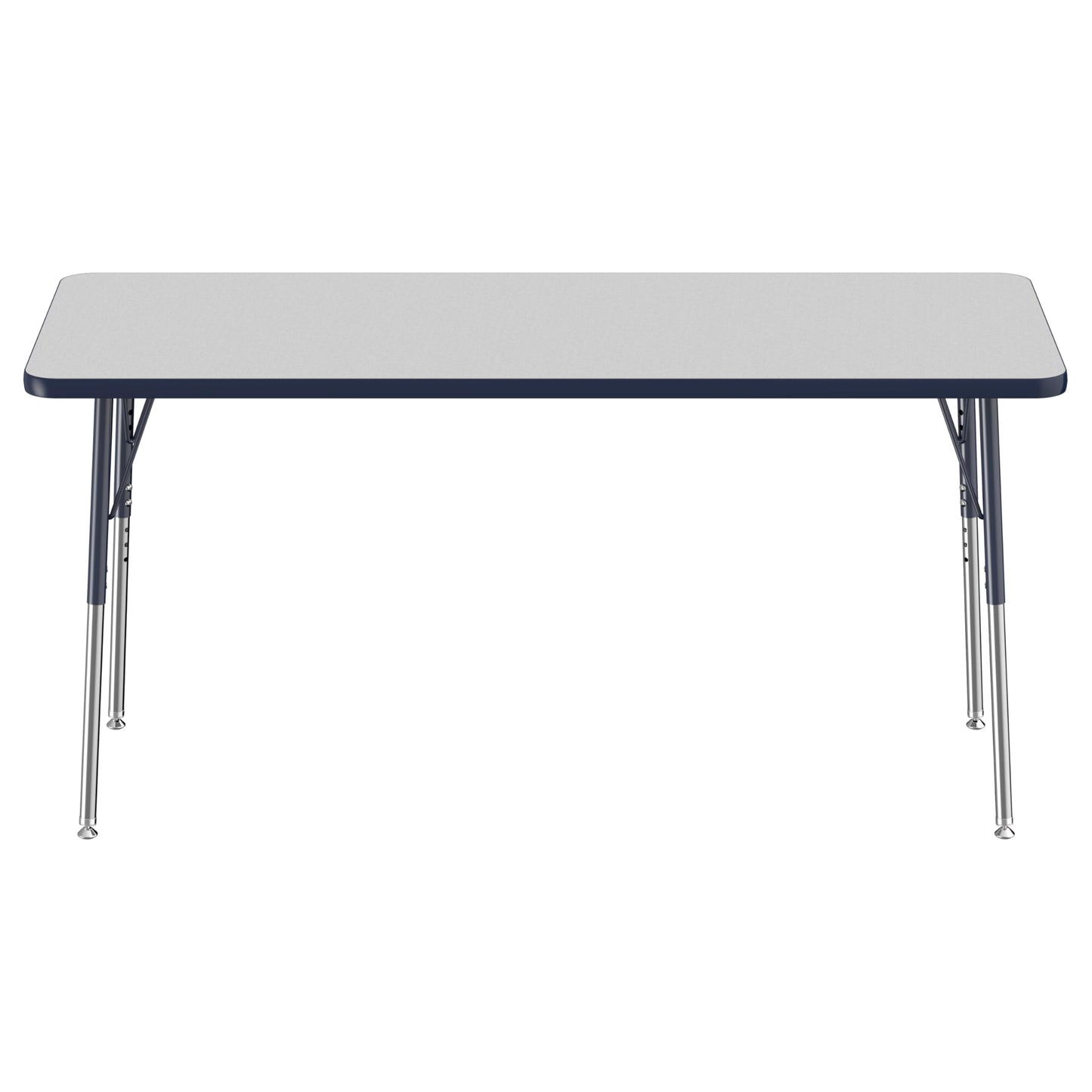 FDP Rectangle Activity School and Office Table (24 x 60 inch), Standard Legs with Swivel Glides, Adjustable Height 19-30 inches - Gray Top and Navy Edge