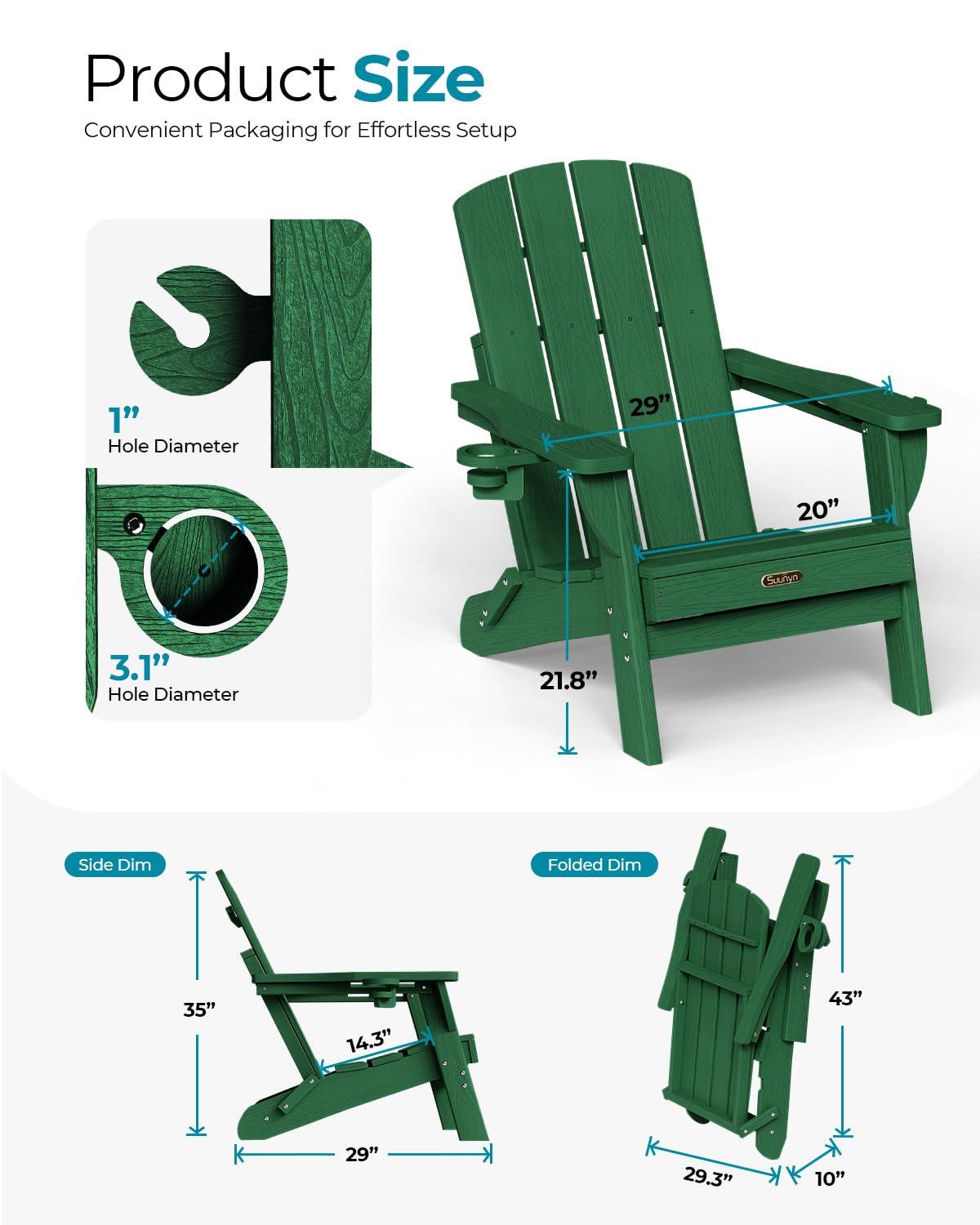 SUUNYN Folding Adirondack Chair, HDPE Adirondack Chairs with 2 Cup Holder, Plastic All-Weather Fire Pit Chairs, Outdoor Lawn Chair for Patio Garden (Green)