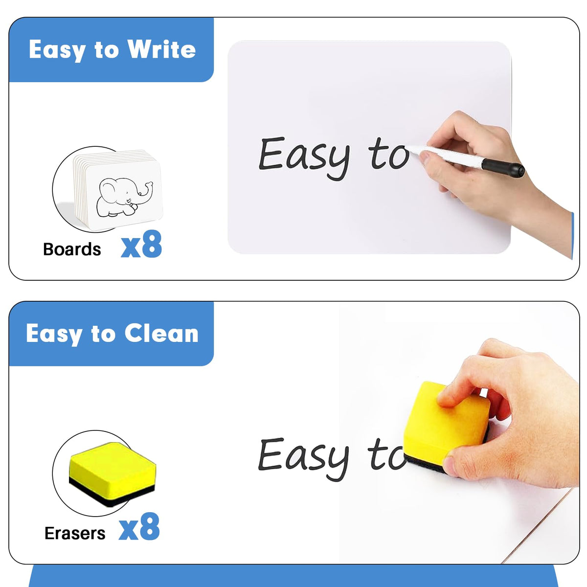 Dry Erase Lapboards, HERKKA 8 Pack Double Sided Small Dry Erase Whiteboards 9 x 12.5 Inch with 8 Erasers, Small Dry Erase Boards for Classroom Teacher Supplies, Personal White Boards for Students