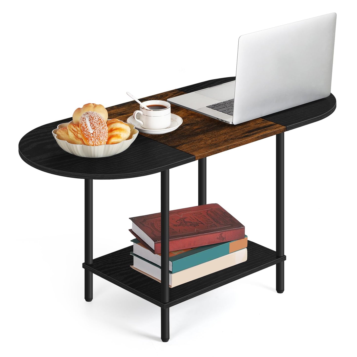 Farmhouse Oval Coffee Table with Storage, 2-Tier Wood Center Table for Living Room, Mid Century Modern Coffee Table Low Cocktail Tea Table for Small Space, Office, Apartment, Brown & Black
