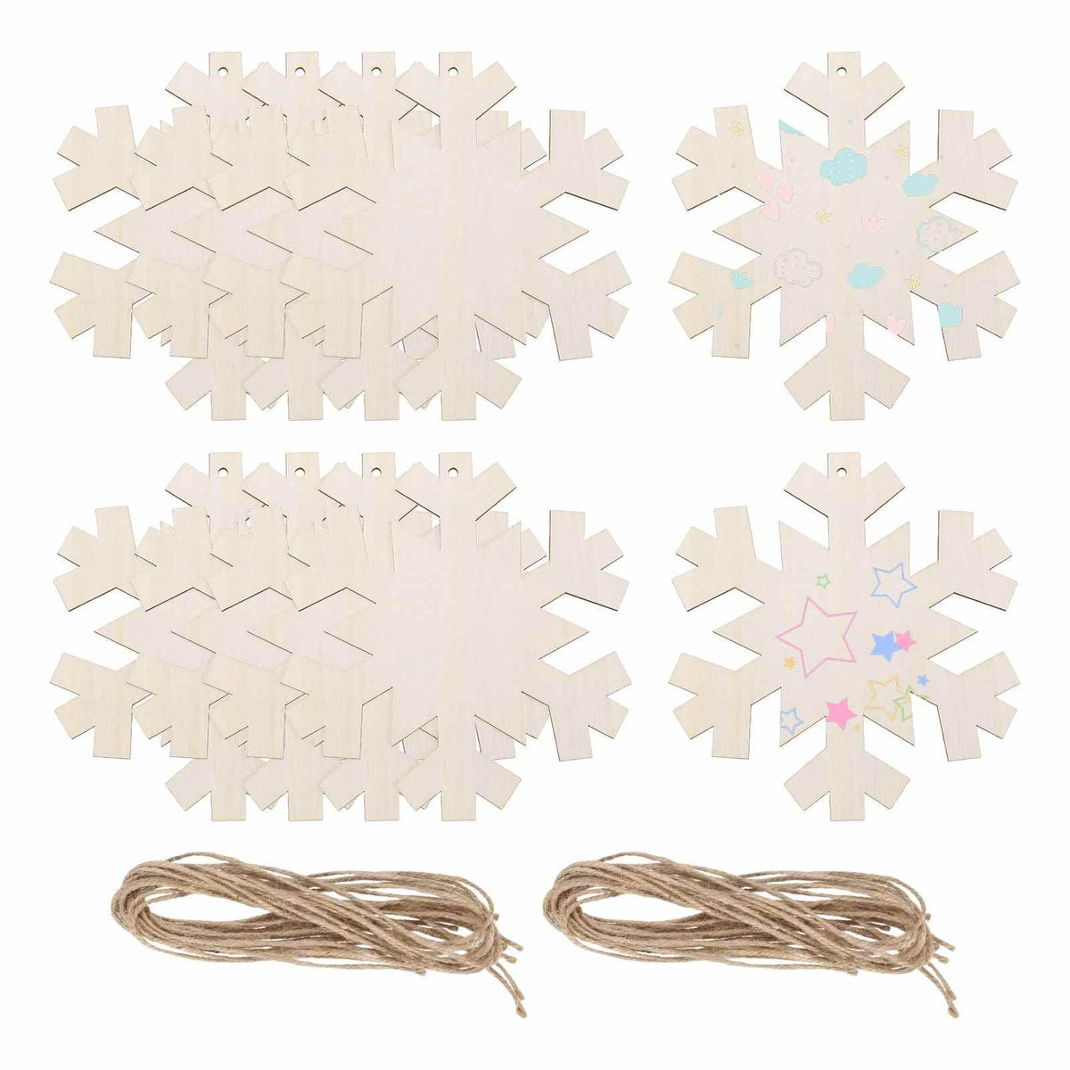 MECCANIXITY 10Pcs 7" Wooden Snowflake Ornaments & Rope, DIY Paint Blank Unfinished Wood Snowflake Cutouts for Art Crafts DIY Hanging Decorations Halloween Christmas Birthday Autumn Gifts