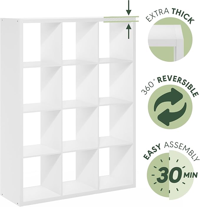 Furinno Cubicle Book Shelf, 12-Cube Bookshelf, Extra Thick Frame Reversible