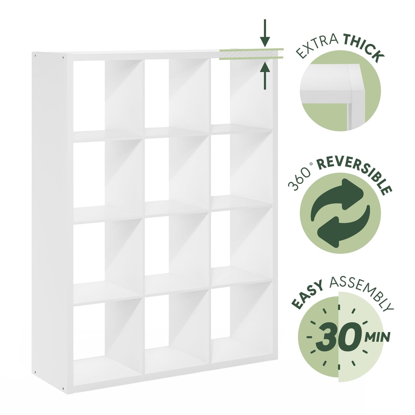 Furinno Cubicle Book Shelf, 12-Cube Bookshelf, Extra Thick Frame Reversible Bookcase with Open Back, 14.6" x 44" x 58", for Living Room, Bedroom, Home Office, White