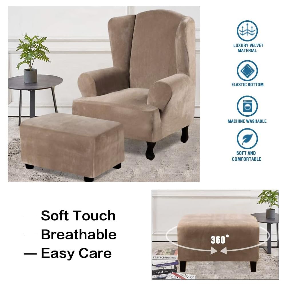 H.VERSAILTEX Real Velvet Plush 1 Piece Form Fit Stretch Rectangle Folding Storage Covers Ottoman Slipcovers Removable Footstool Protect Footrest Covers Elastic Bottom, Machine Washable(Large, Camel)