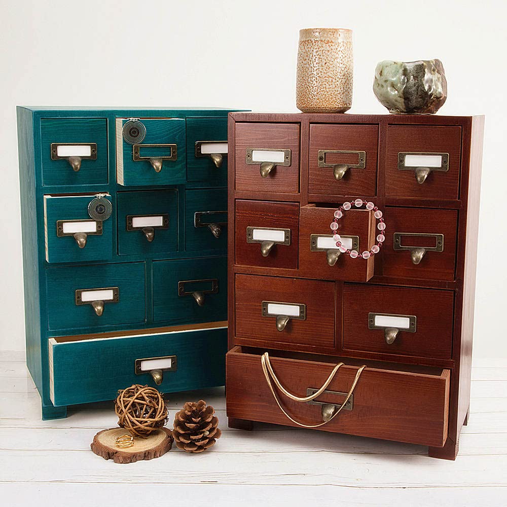 PACKGILO Apothecary Drawers Wooden Apothecary Cabinet with Drawers & Labels Rustic Library Card Catalog Cabinet Wooden Storage Box Desktop Organizer Herbal、Tea Bag、Jewelry Storage(Brown)