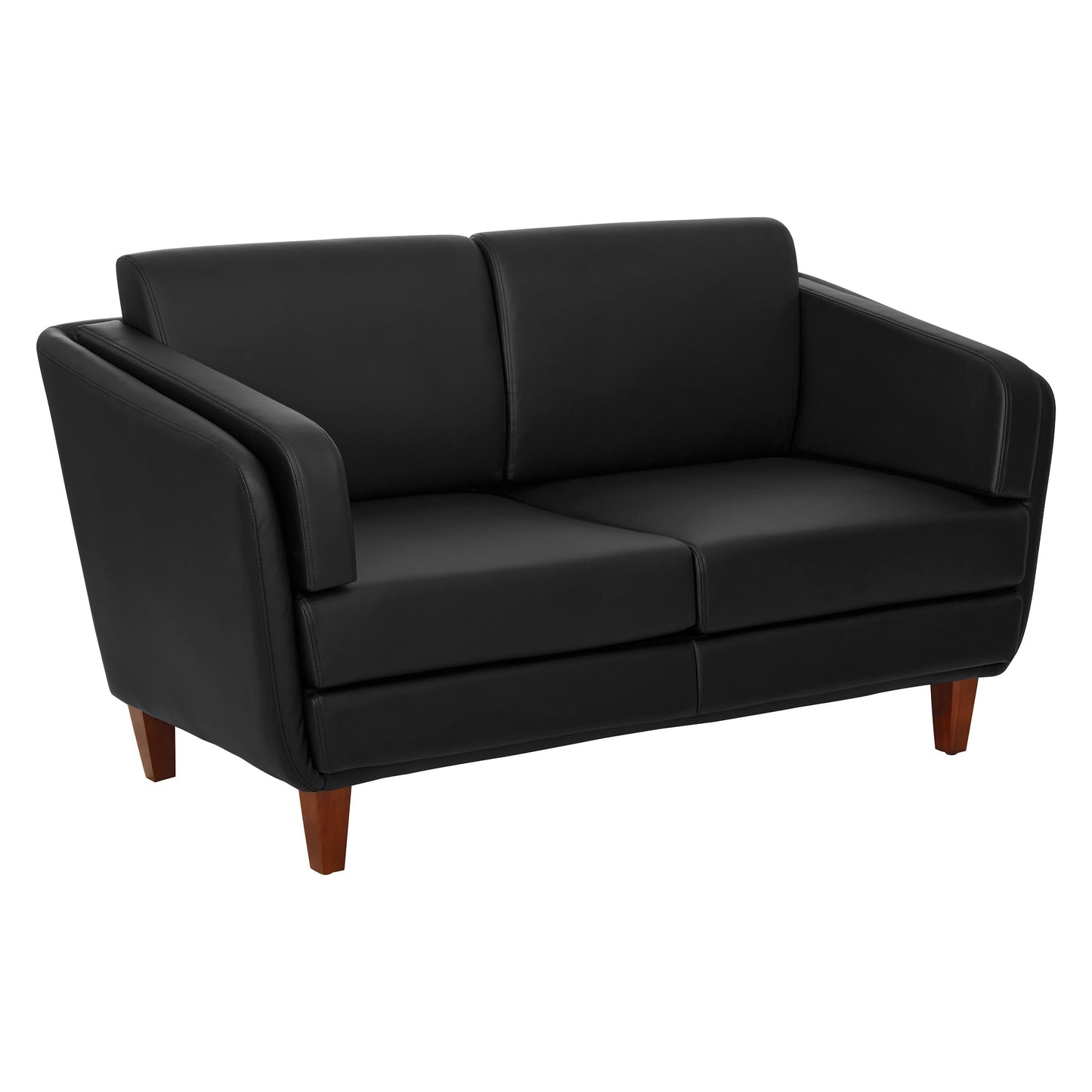 Office Star Products Lounge Seating with Cherry Finish Wood Legs, Coil Spring Seat, Black Faux Leather, Loveseat
