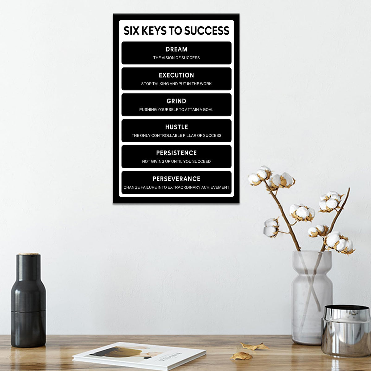 Six Keys To Success Inspirational Canvas Wall Art Execution Grind Hustle Verbs Poster Artwork Motivational Positive Quotes Picture Prints for Bedroom Living Room Office Ready to Hang [12" W X 18" H]
