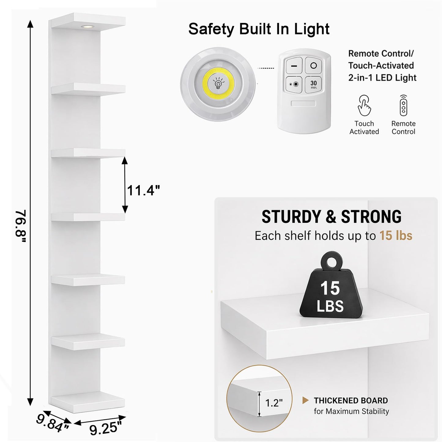 LitaEther Versatile 7 Tier Wall Shelf Unit,White Lack Wall Shelf,Display Floating Shelf with LED Remote Control Light