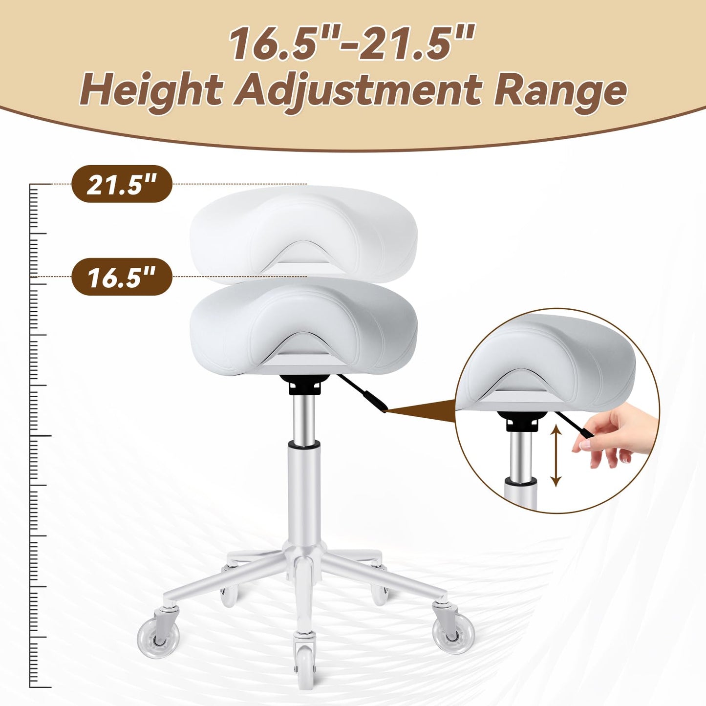 Saddle Stool Heavy Duty 400lbs - Ergonomic Thick Saddle Seat Cushion, Easy Height Adjustable, Healthy Posture No Pain, Smooth Rolling No Creaky Noises, Rolling Saddle Stool Chair with Wheels (White2)