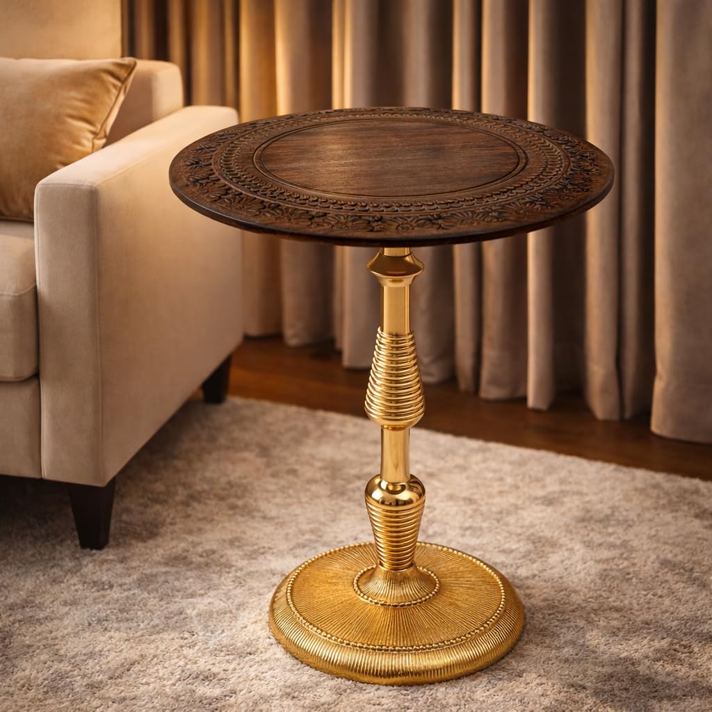 Alpha Living Home Rustic Wooden Top Side Table - Round Side Table, Modern Accent Nightstand with Aluminum Leg for Living Room, Bedroom, Corners, and Office 18x21 (Brown Gold)