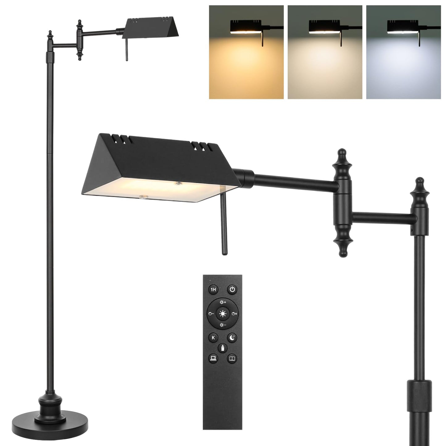 Bairth Dimmable Pharmacy Floor Lamp with Remote, 17W LED Reading Floor Lamp with 360°Swing Arm, 3 Color Temperature, Height Adjustable Black Standing Task Lamp for Living Room, Bedroom, Black