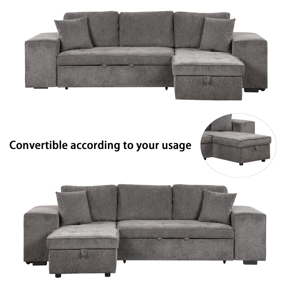 104.5" Modern L-Shape 3 Seat Reversible Sectional Couch, Pull Out Sleeper Sofa with Storage Chaise and 2 Stools for Living Room Furniture Set,Knox Charcoal