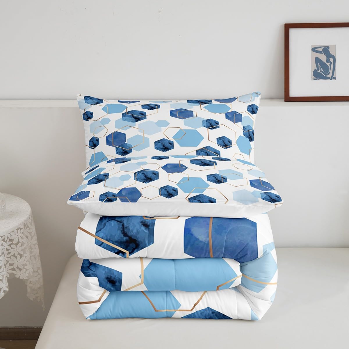 Erosebridal Geometric Hexagon Comforter Twin Navy Blue Bedding Set, Watercolor Honeycomb Down Comforter Abstract Tie Dye Bed Set, Luxury Gold Hexagon Quilted Duvet Microfiber