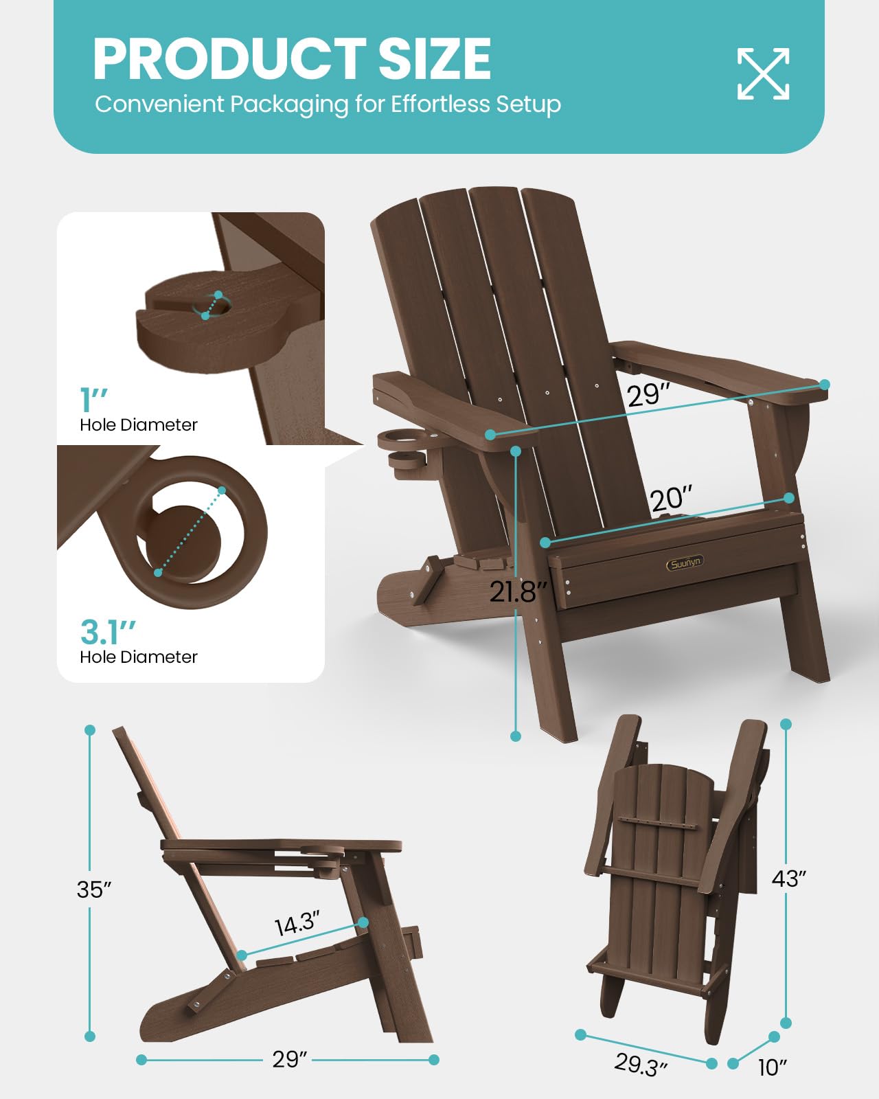 SUUNYN Folding Adirondack Chair, HDPE Adirondack Chairs with 2 Cup Holder, Plastic All-Weather Fire Pit Chairs, Outdoor Lawn Chair for Patio Garden (Brown)