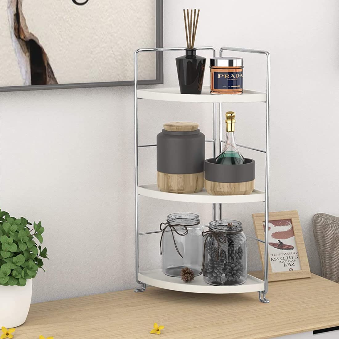 kaileyouxiangongsi 3-Tier Bathroom Countertop Organizer - Vanity Tray Cosmetic & Makeup Storage- Kitchen Spice Rack Standing Shelf - Corner Storage Shelf, Silver