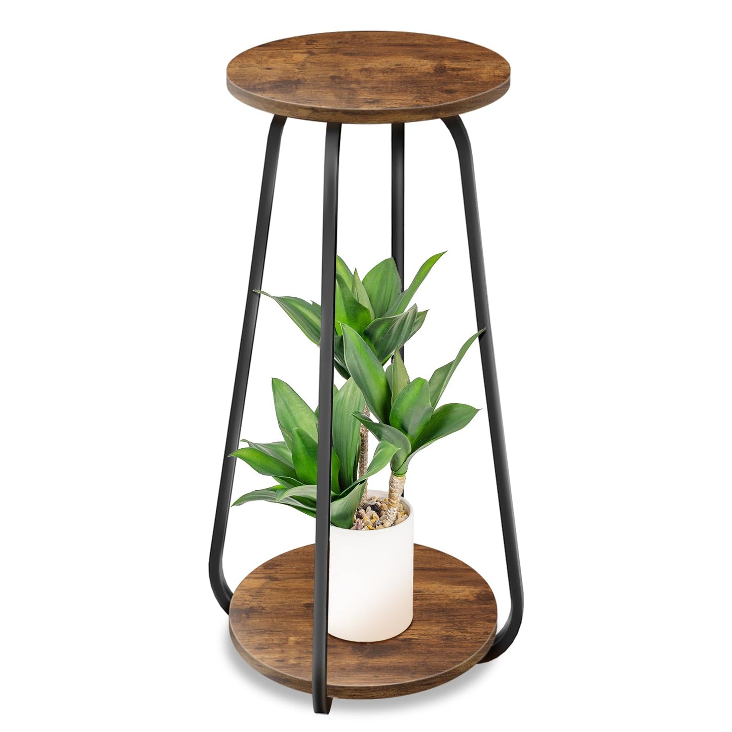 OugeWood Plant Stand Indoor, 2 Tier Plant Shelf Pedestal Stand Flower Stand, Metal Wood Plant Stands for Indoor Plants Living Room Balcony Deck Garden