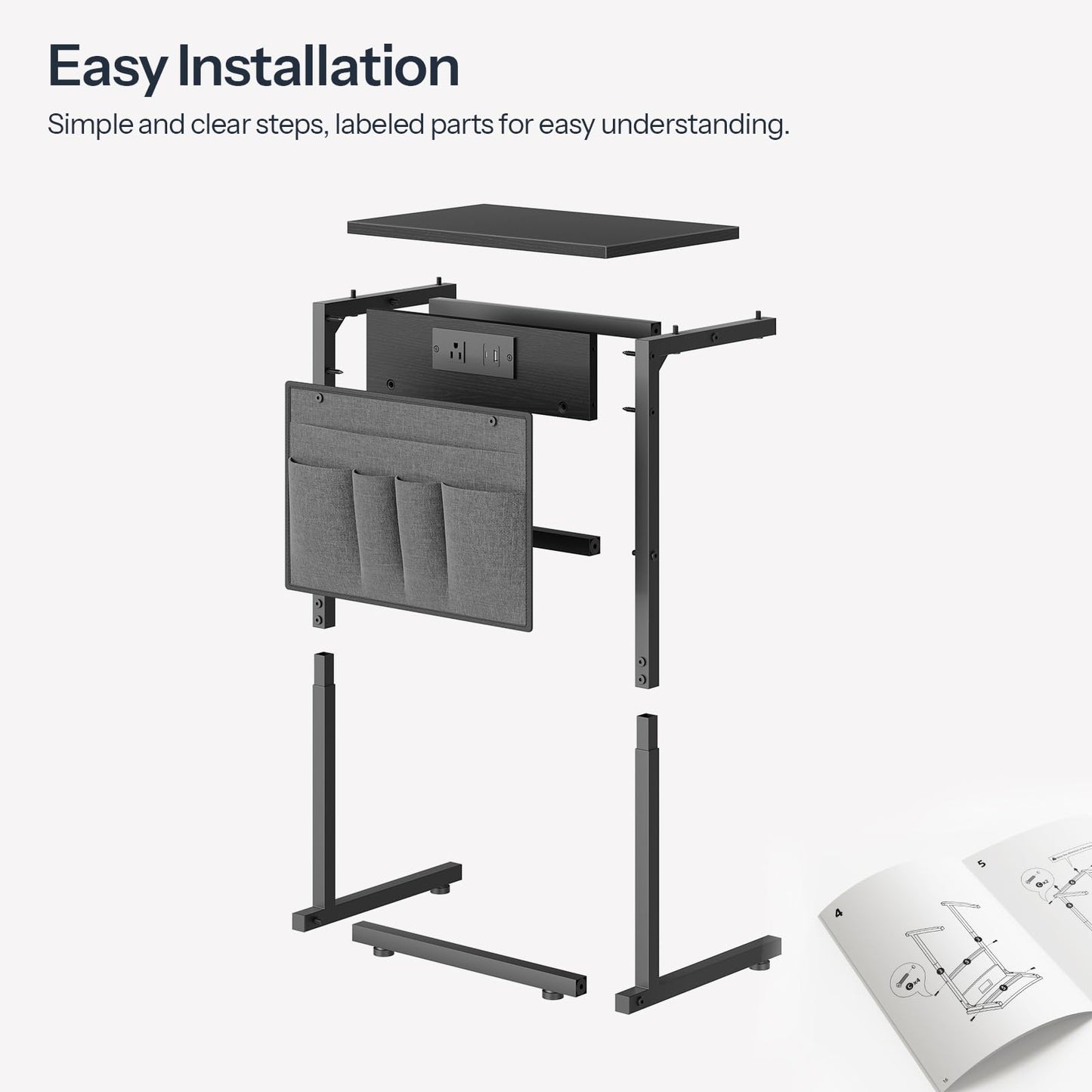 HOOBRO C Shaped End Table with Charging Station, 28" H Couch Side Table Slide Under, Sofa Arm Tray Table with Storage Bag for Living Room, Recliner, Black BB70USF01