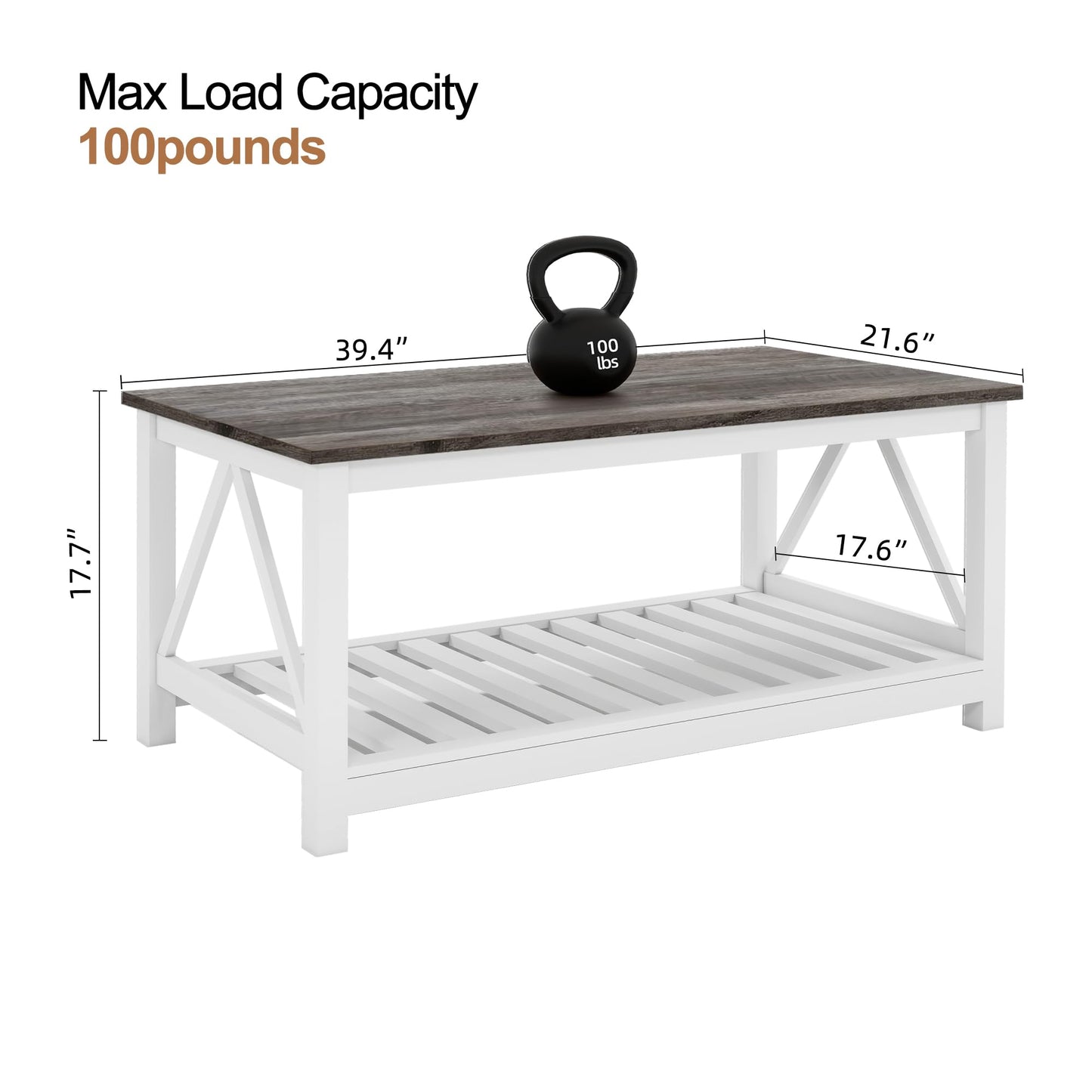 UYIHOME Farmhouse Coffee Table, White Oak Coffee Table for Living Room, 2-Tier Rectangular Wooden Centre Cocktail Table with Slats Shelf Storage and V-Shaped Frame Modern Coffee Oak Grey