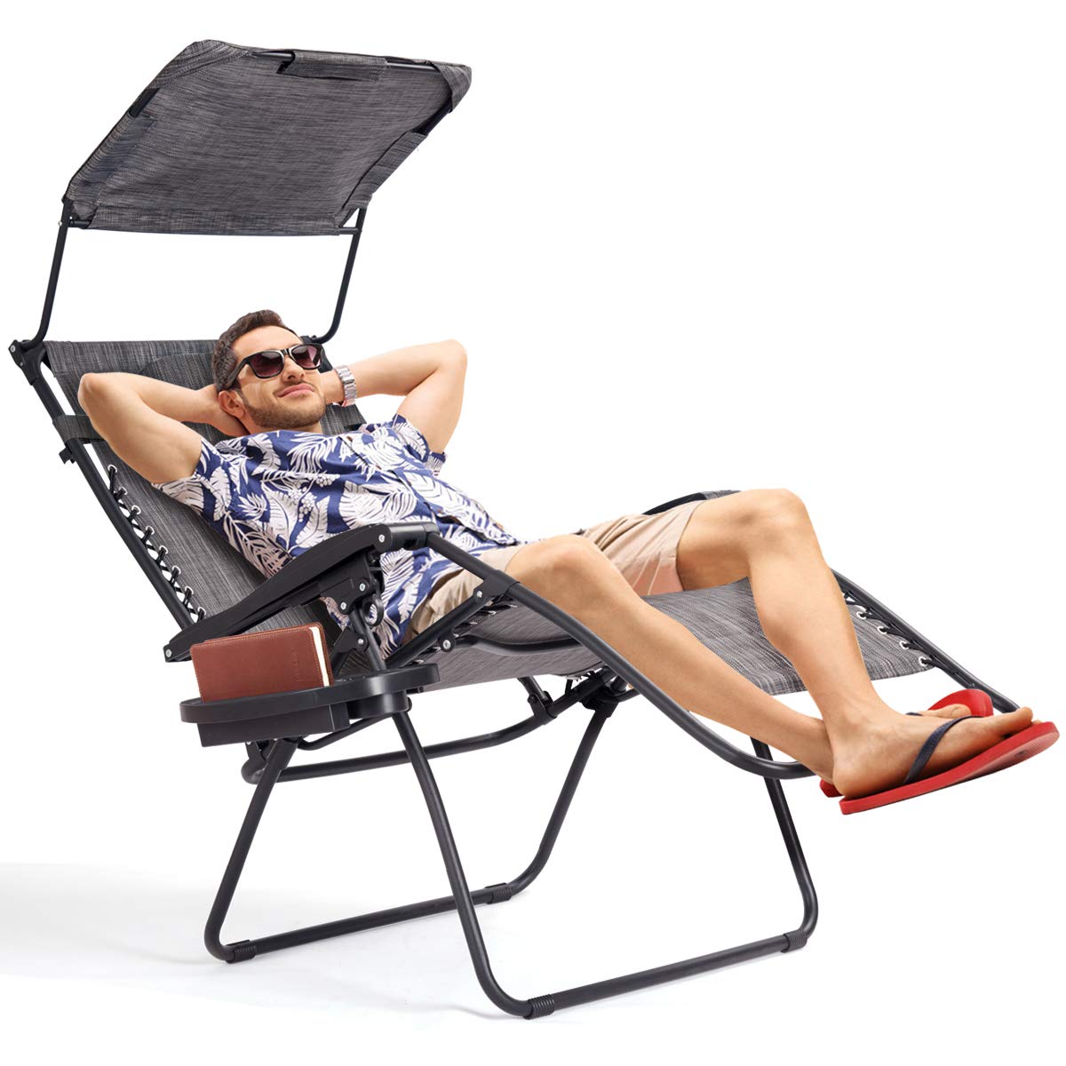 Nightcore Folding Zero Gravity Lounge Chair, Outdoor Lawn Chair with Adjustable Canopy Shade, Pillow and Cupholder Tray, Reclining Patio Chair for Poolside Backyard and Beach (Grey)