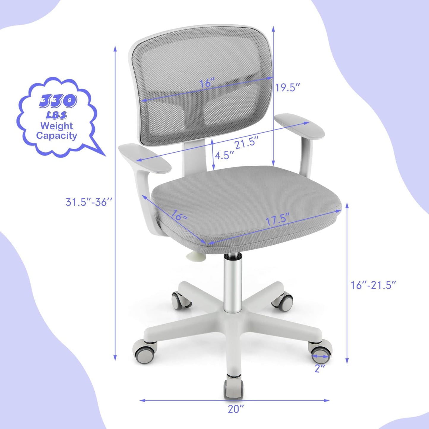 Costzon Kids Desk Chair, Adjustable Children Study Computer Chair with Arms & Wheels, Student Swivel Rolling Task Chair, Ergonomic Kids Office Chair for Boys Girls Age 4-12, Home Bedroom School, Grey