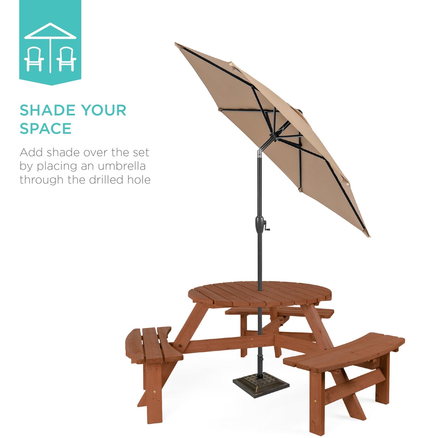 Best Choice Products 6-Person Circular Outdoor Wooden Picnic Table for Patio, Backyard, Garden, DIY w/ 3 Built-in Benches, 500lb Capacity - Acorn