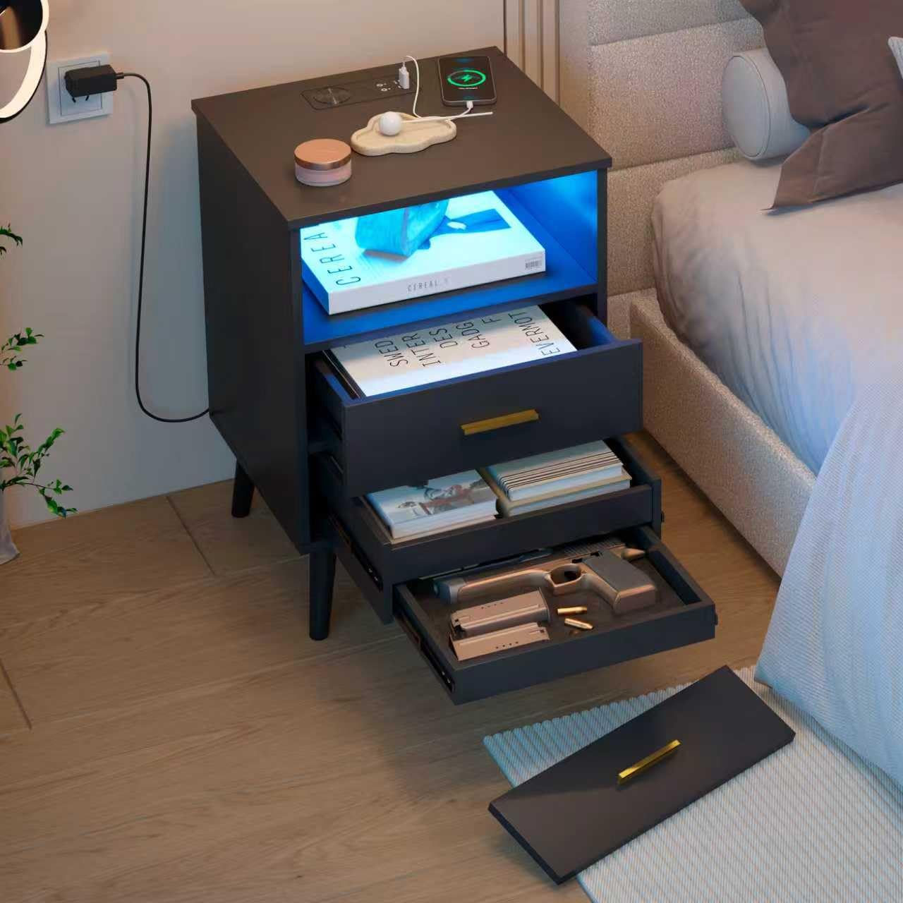 LVSOMT Nightstands Set of 2, Black Nightstand with Charging Station and USB Ports, Bed Side Table/Night Stand with 2 Drawers, Modern Night Stands for Bedroom