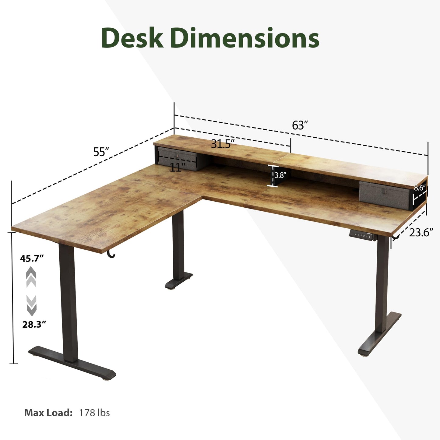 Agilestic L Shaped Electric Standing Desk with 2 Drawers, 63 Inch Ergonomic Adjustable Height Desk with Storage, Corner Desk Sit Stand up Computer Table for Work Office Home, Rustic Brown