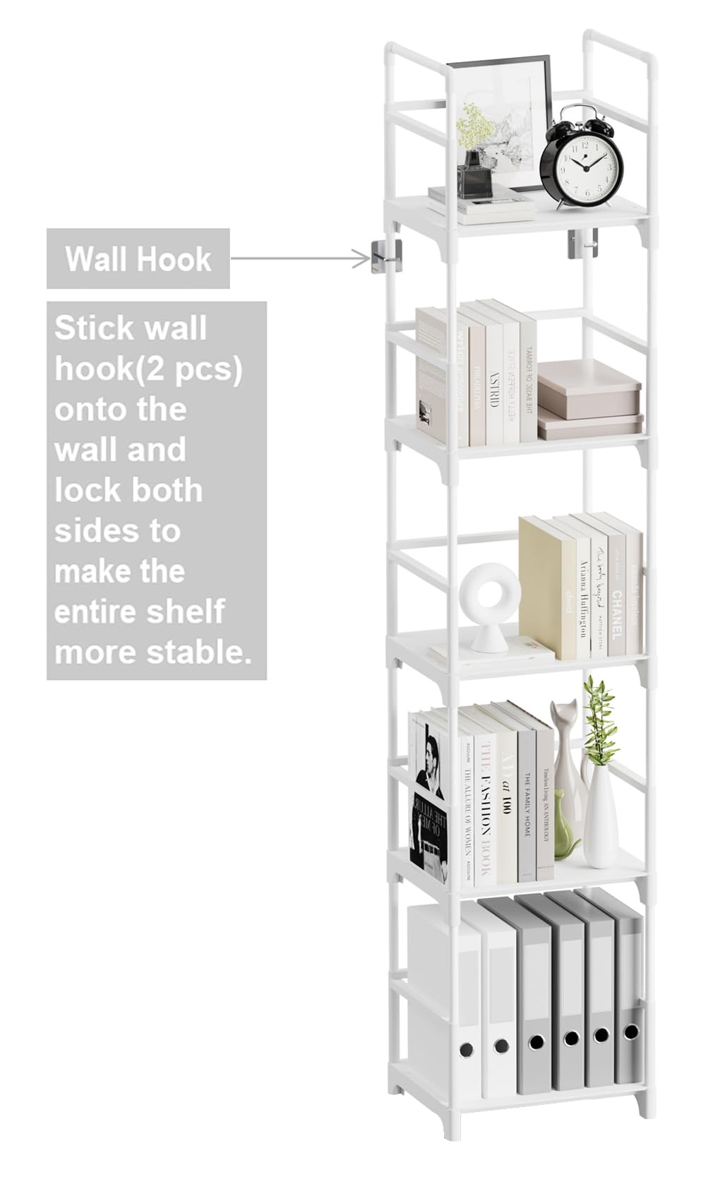 FIDUCIAL HOME 5 Tiers Narrow Bookshelf White Skinny Book Shelf Slim Thin Open Bookcase Small Spaces for Space Saving Easy Assemble