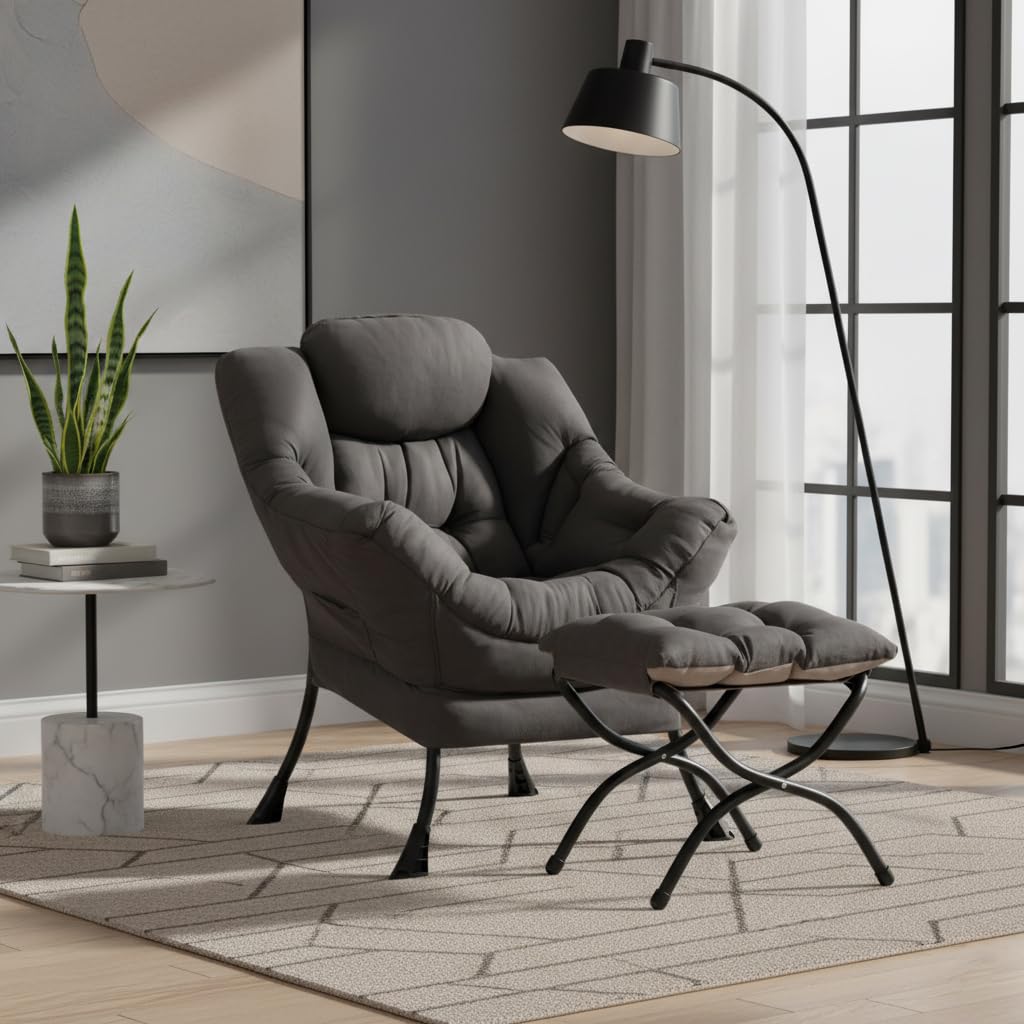 SESHINELL Lazy Chair with Ottoman, Modern Accent Chair Contemporary Sofa Chair with Armrests, Reading Chair and Folding Footstool Set for Living Room, Bedroom, Office, Dark Grey