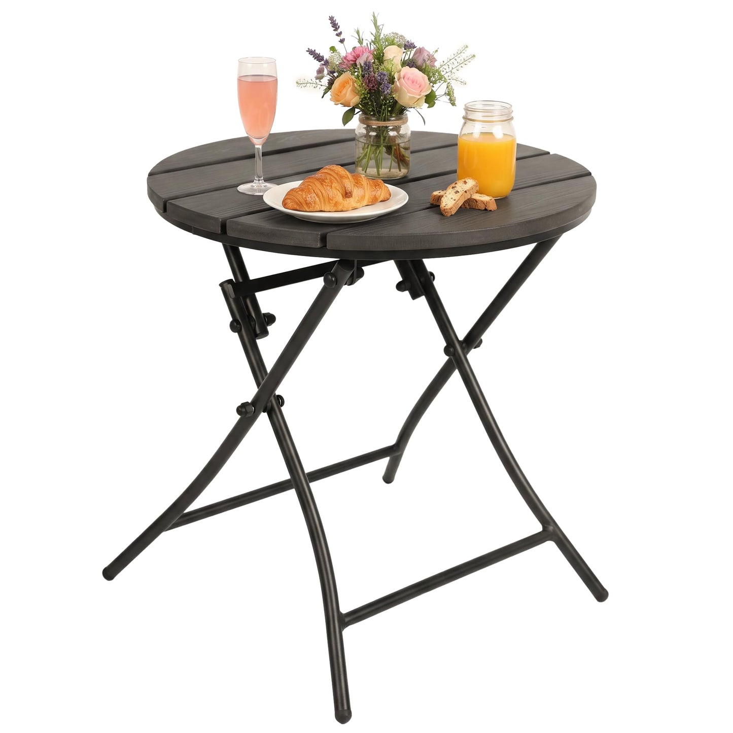 TeoKJ Folding Black Small Outdoor Side Tables, HDPS Patio Table with Metal Legs, Outdoor Small Round Table for Garden,Deck, No Assembly Patio Table Round Nightstand for Porch Yard Balcony Deck Lawn
