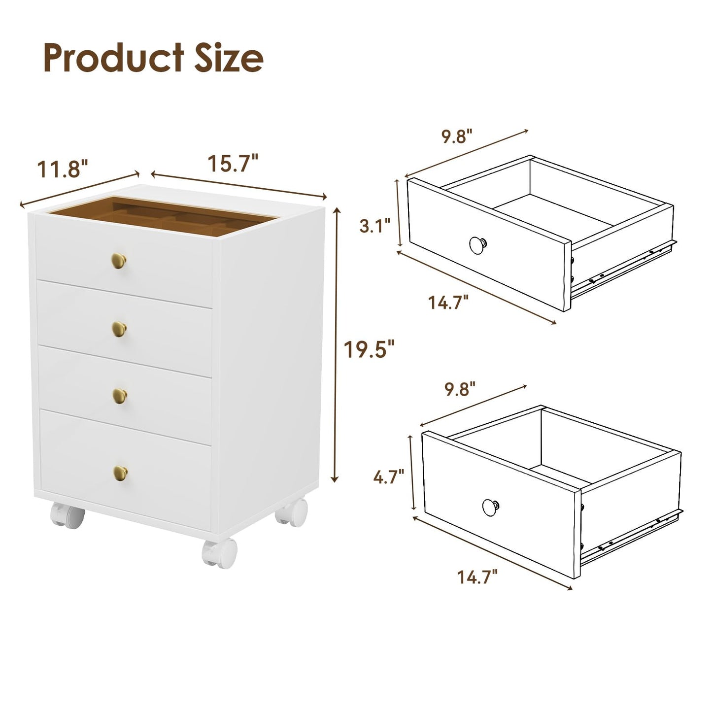 JanlyHome Under Desk Storage, 4 Drawer Small File Cabinet, Chest of Drawer with Glass Top, Mobile Printer Stand with Lockable Wheels for Home Office Study, White