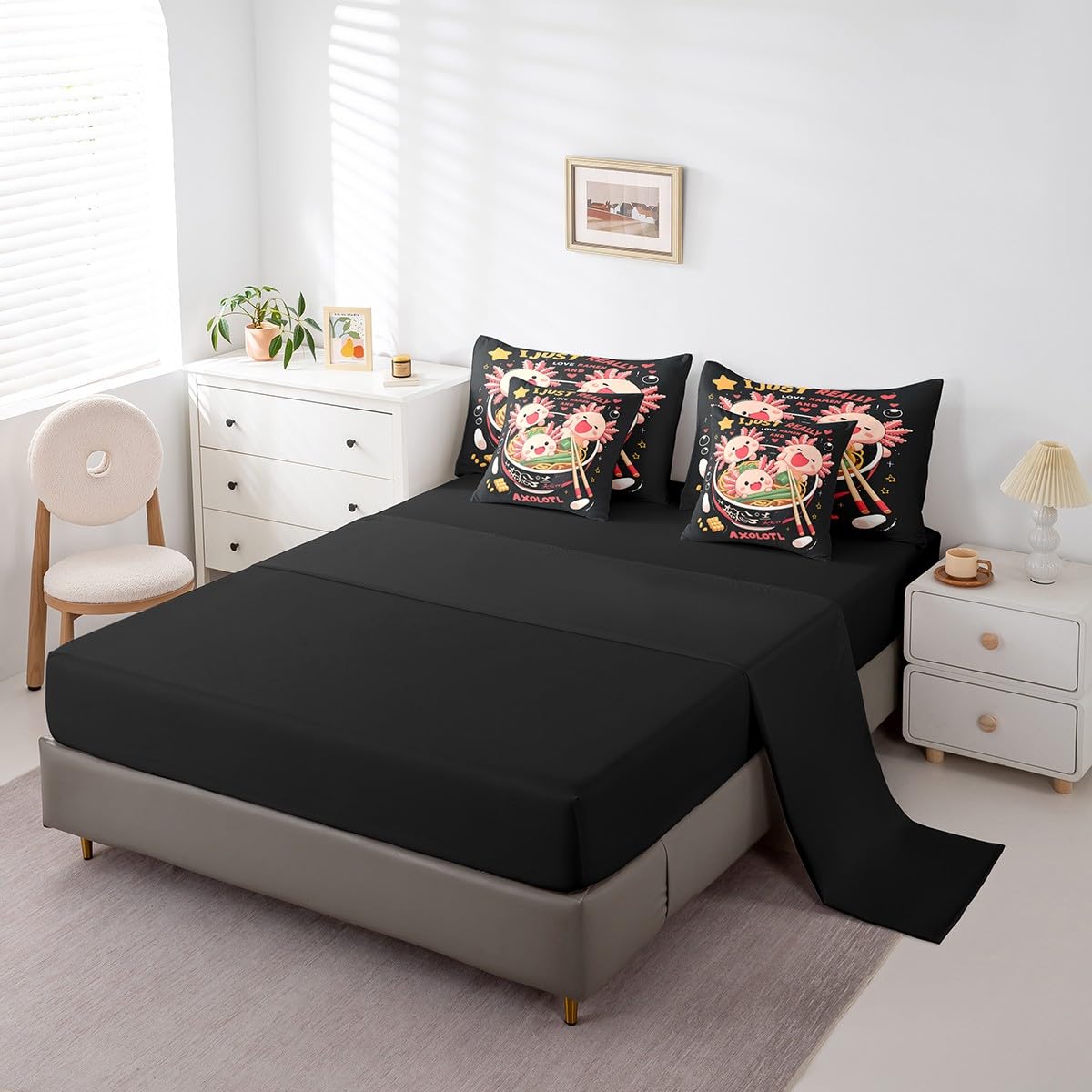 Erosebridal Funny Axolotl Queen Bedding Set,Ramen Noodle Comforter Set Gifts for Ramen Lovers,Food Themed Bed Set 7Pc Japanese Anime Style Bed in a Bag with Fitted Sheet,Flat Sheet,Pillowcases