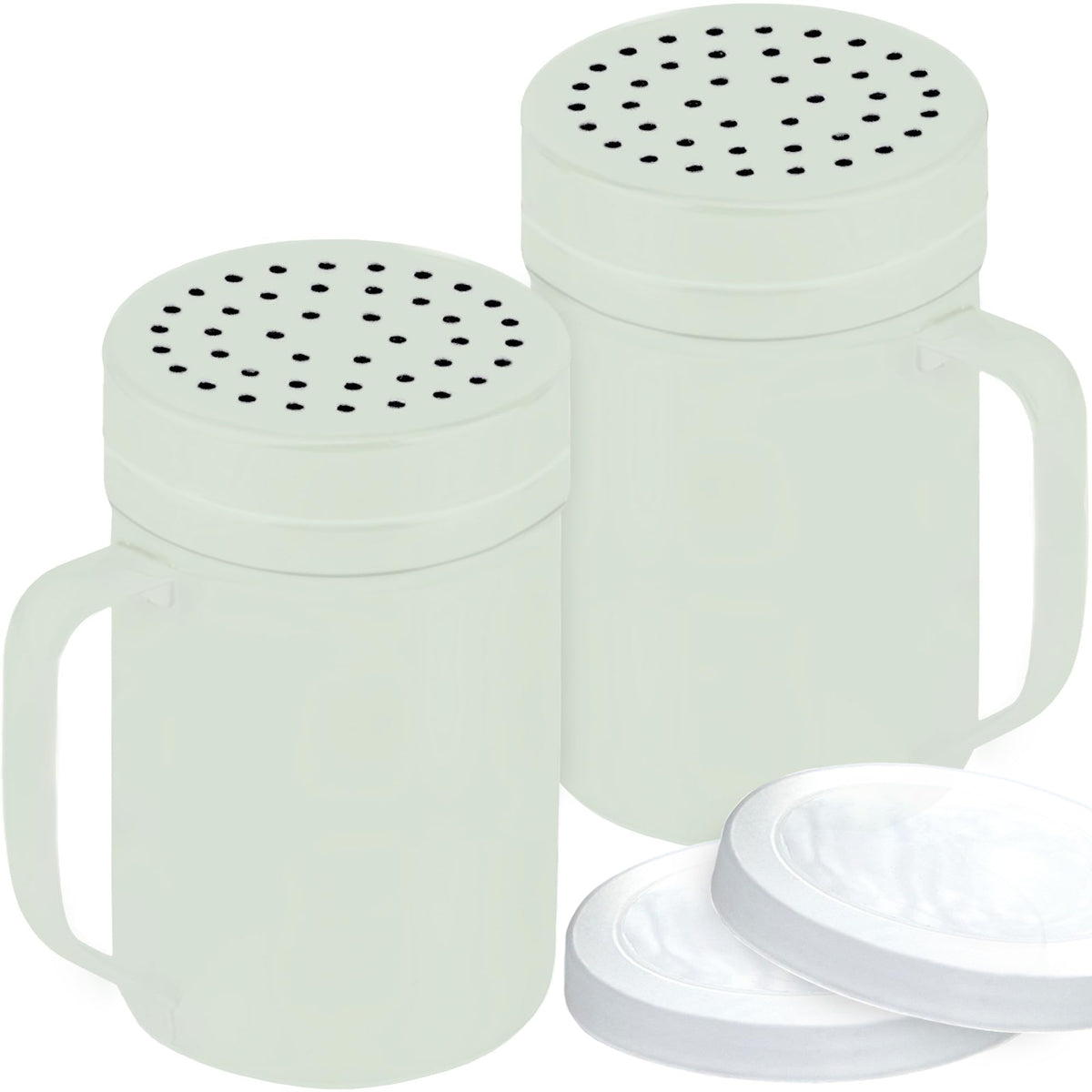 CUSINIUM 14oz Sage Stainless Steel Salt Pepper Dredge Shakers - With Plastic Cap - With Handle - Pack of 2