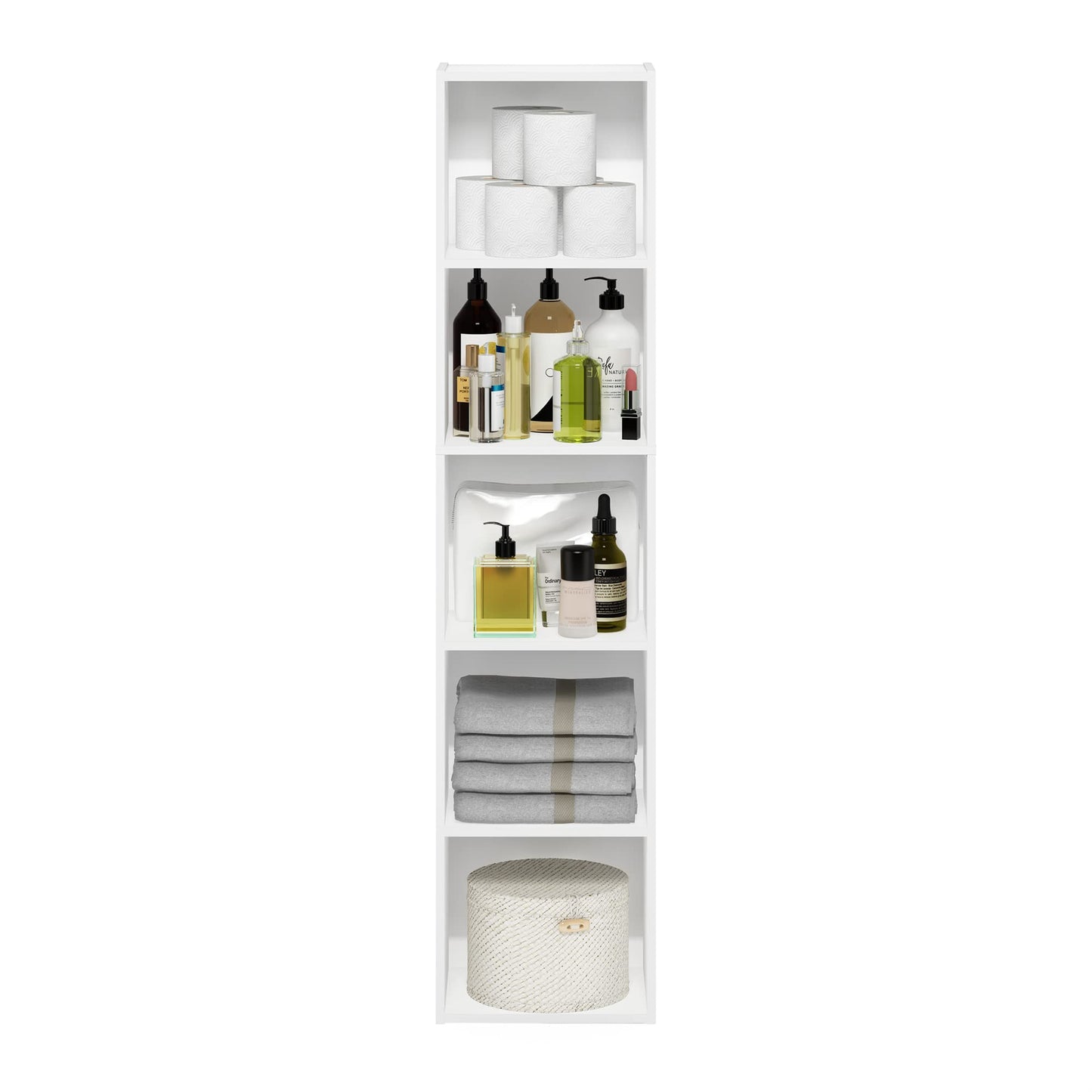 Furinno PASIR Book Shelf, 5-Tier Modern Bookshelf, Open Shelves Bookcase 9 x 12 x 52, Easy Assembly, for Living Room, Bedroom, Home Office, White