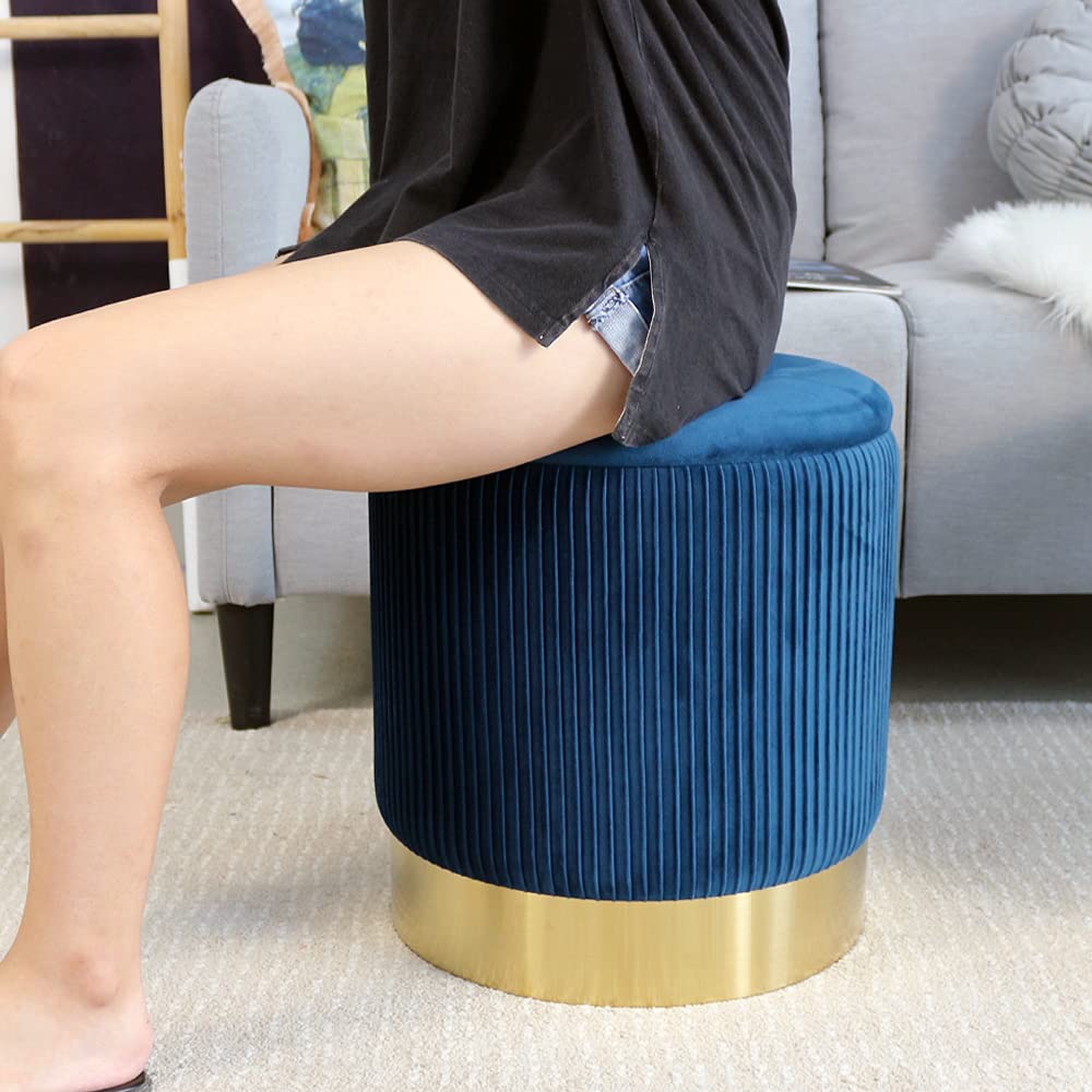 2BYF Blue Round Ottoman with Storage Set of 2 Upholstered Velvet Vanity Stool for Living Room Small Ottoman Coffee Table with Removable Lid Foot Stool for Living Room, Bedroom, Hallway, Assembly Free