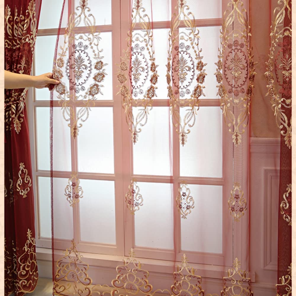 Amidoudou 1 Pair European Jacquard Sheer Curtains for Living Room Bedroom Luxury Embroidered Tulle Curtains (Red,52x90 Inch)
