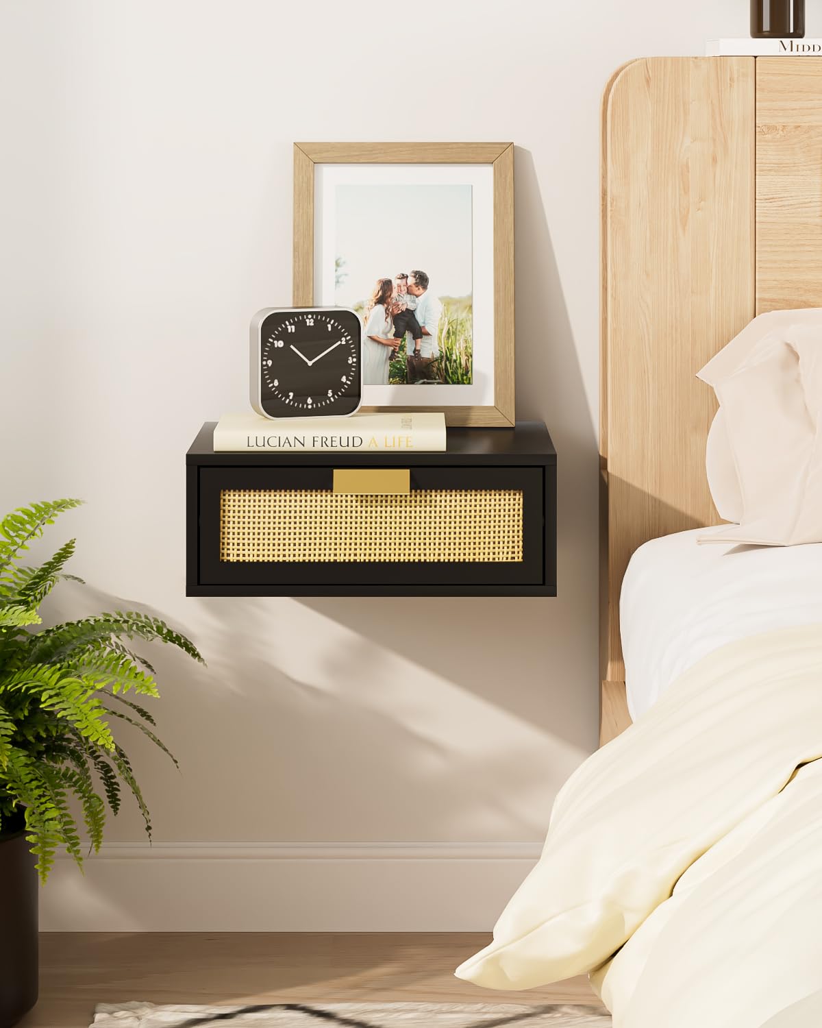Aienvey Floating Nightstand, Floating Shelf with Drawer, Wall Mounted Nightstand, Floating Bedside Table (Black Rattan)