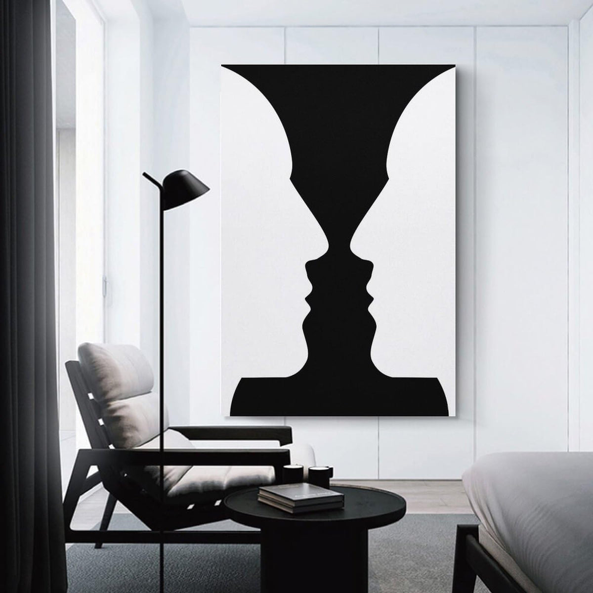 Optical Illusion Vase Faces Canvas Printing Wall Art Prints Posters Black And White Minimalist Scandinavian Wall Decor for Living Room Bedroom Office Study Classroom Modern Home 12x18inch(30x45cm)