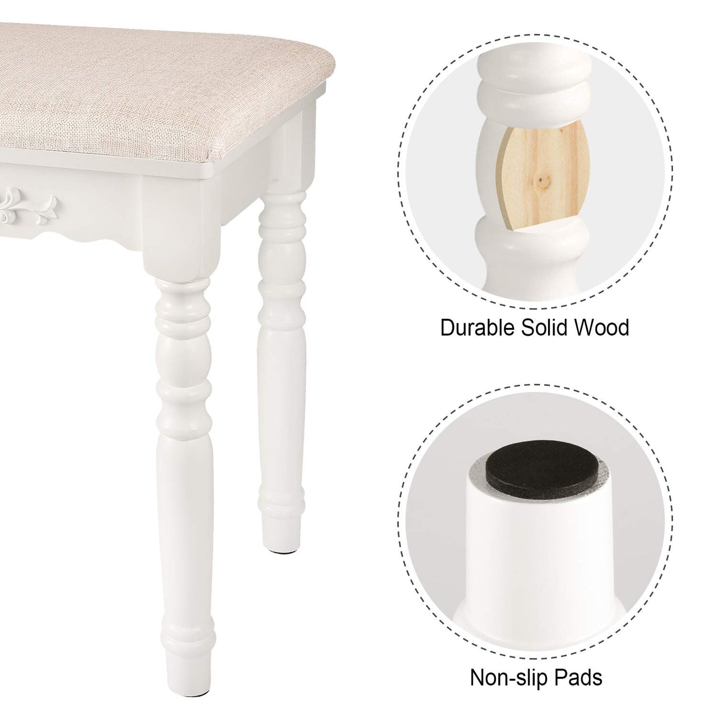 URFORESTIC Oak Wood Vanity Stool, Modern Makeup Dressing Stool with Concave Seat Surface,Capacity 300lb, Easy Assembly (White)